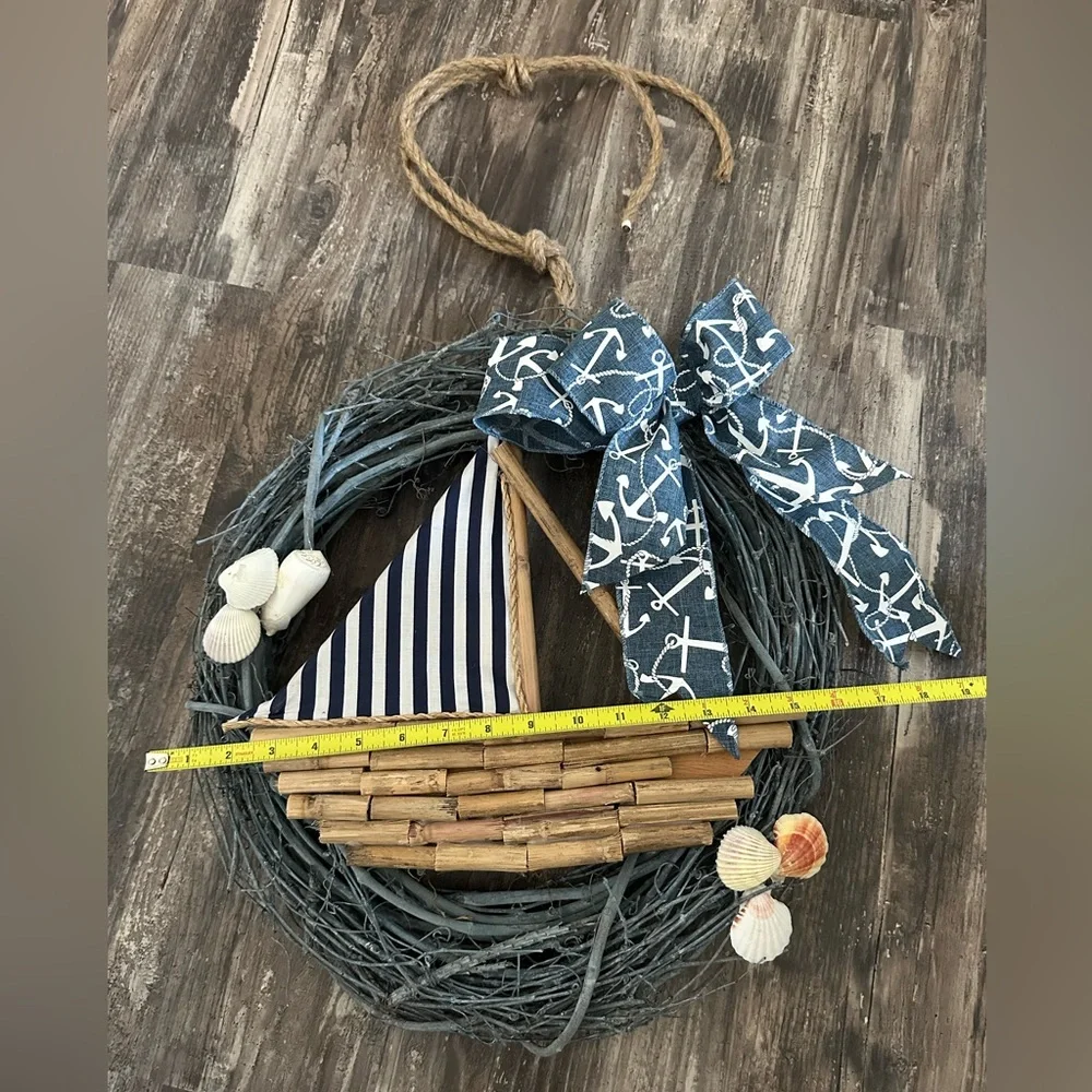 Nautical Sailboat Wreath With Blue Anchor Bow And Shells